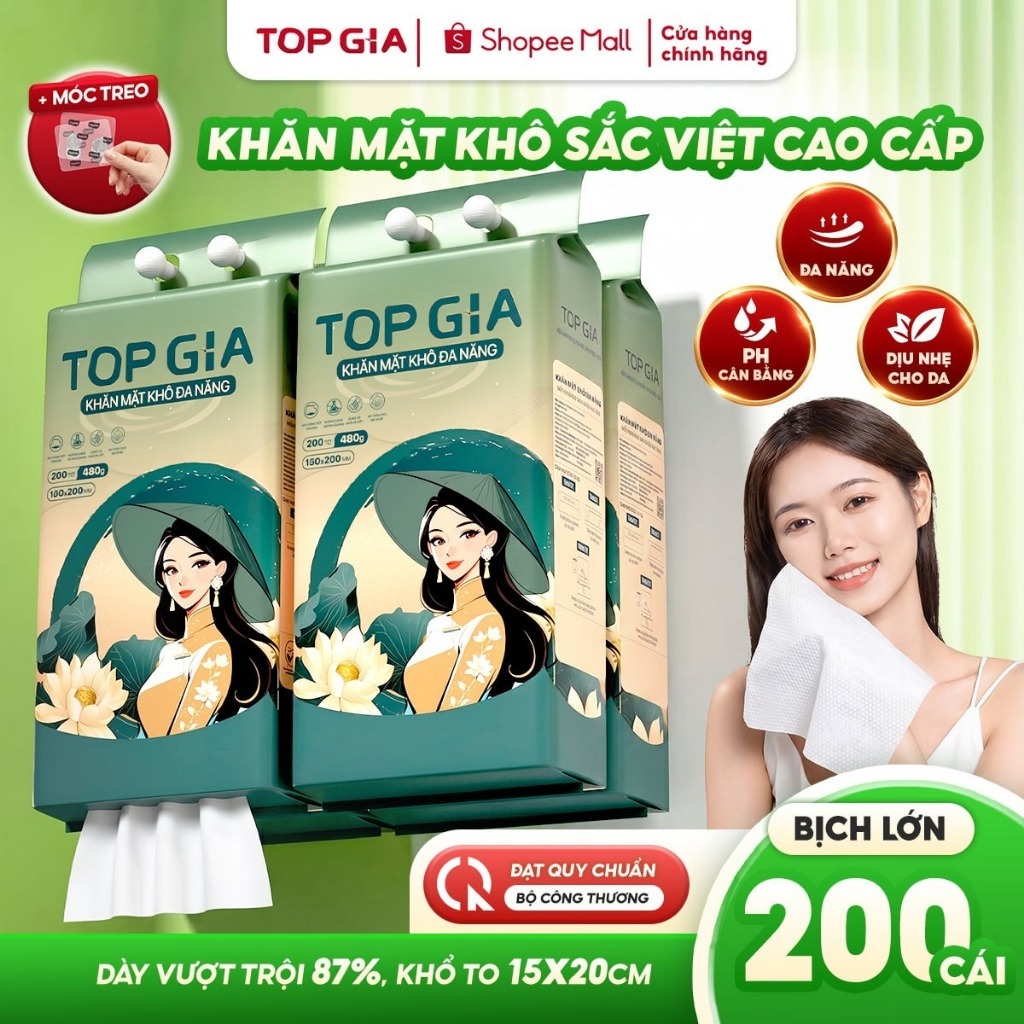 Khăn vải khô đa năng Top Gia, bịch 200 tờ Sắc Việt rút treo tường an toàn cho…