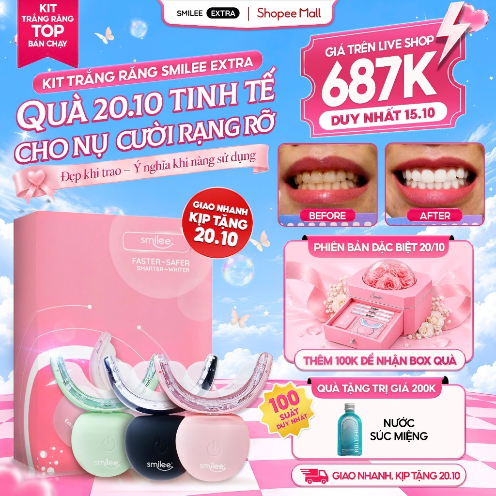 Bộ Kit Trắng Răng SMILEE EXTRA , Làm Trắng Răng từ 3-6 tone Tại Nhà Phiên Bản…
