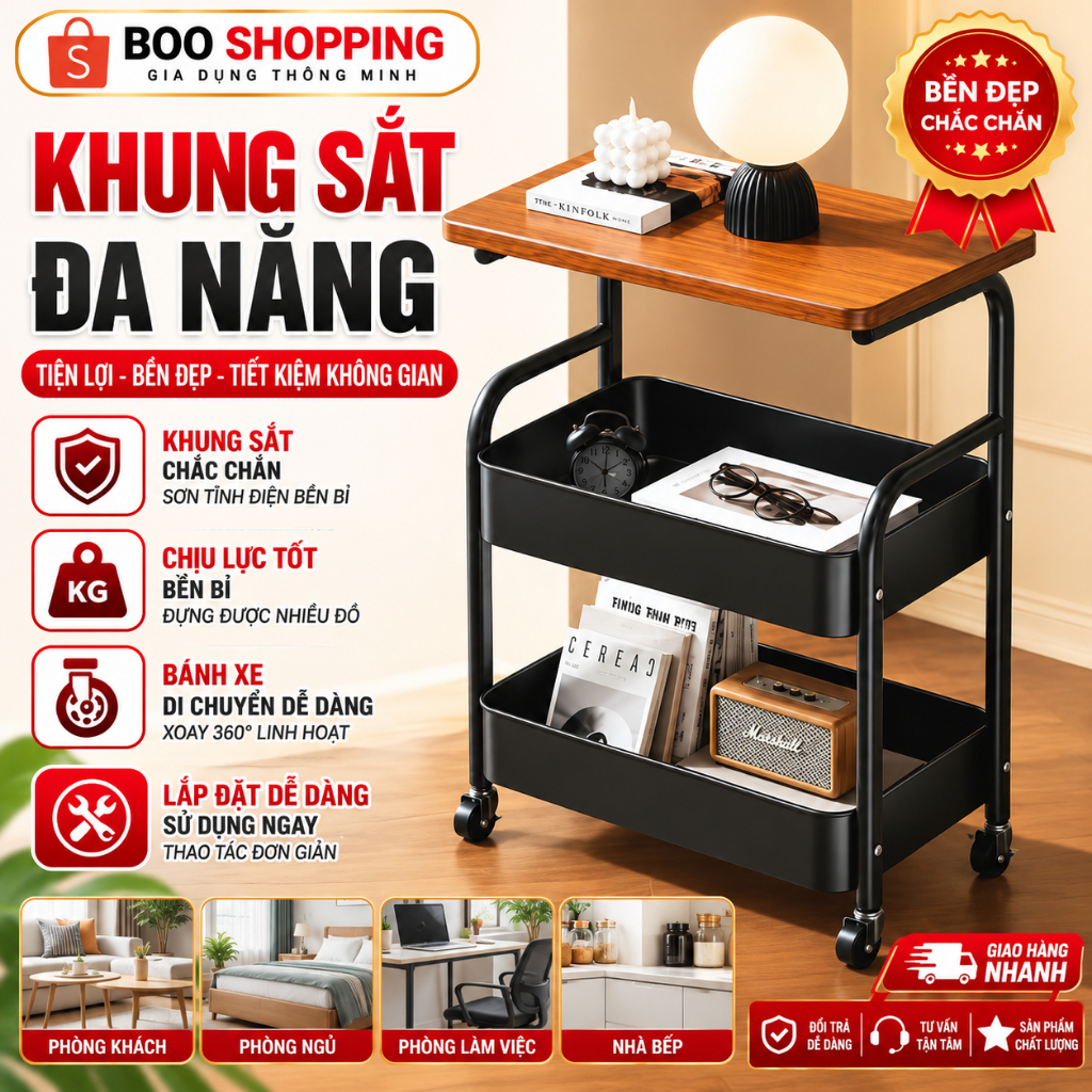 Kệ để đồ 3 tầng khung sắt mặt gỗ đa năng tiện lợi dễ dàng sử dụng tháo lắp…