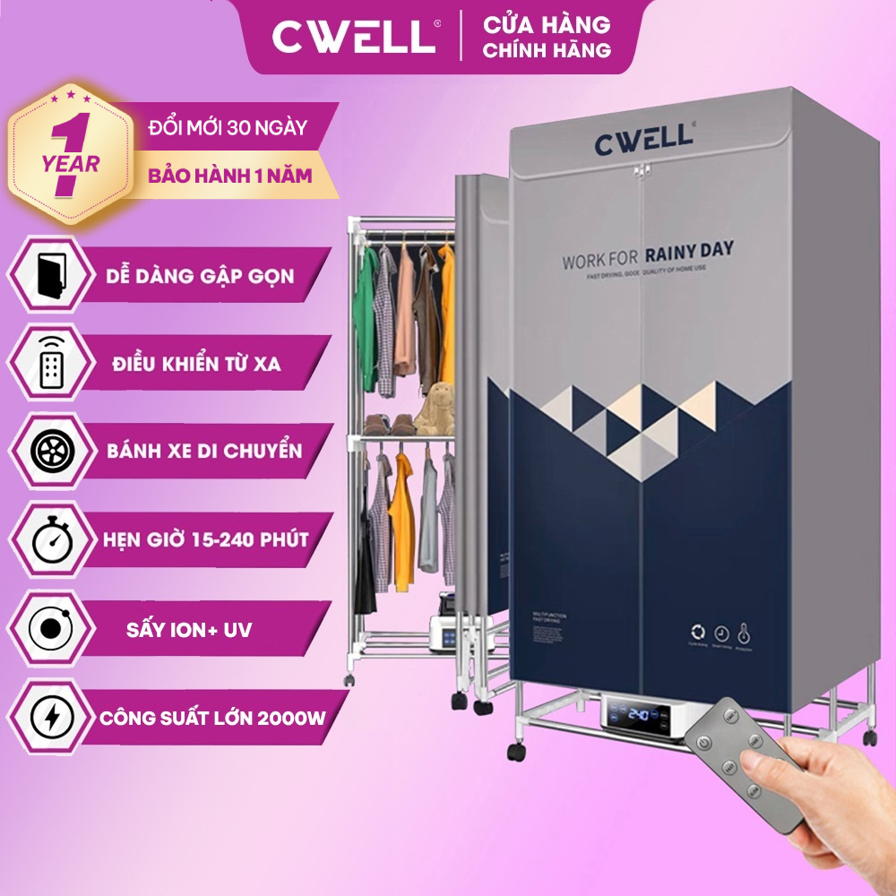 Tủ sấy quần áo CWELL D23, máy sấy quần áo gấp gọn 1.7M, công suất 2000W, sấy…