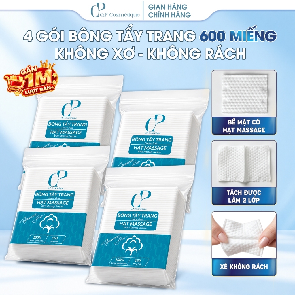 Combo 4 Gói 600 Miếng Bông Tẩy Trang Q.P Cosmétique Không Xơ Không Rách, Hạt…