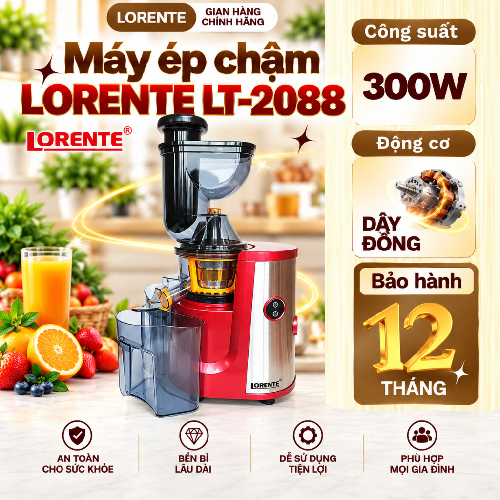 Máy ép chậm Lorente LT-2088 Công suất 300W, Ép kiệt bã giữ chọn dinh dưỡng…
