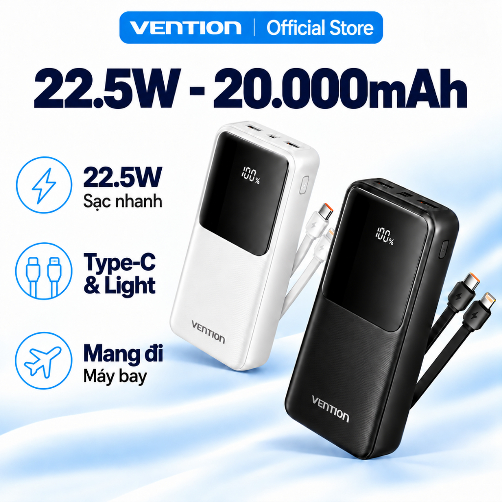 Sạc Dự Phòng Vention 20000mAh Sạc Nhanh 22.5W Tích Hợp Cáp Type-C Và Light Cho…