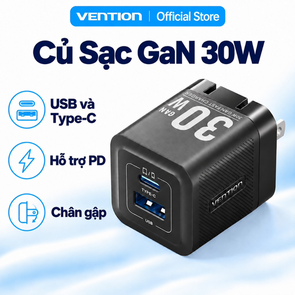 Củ Sạc Nhanh Vention GaN 30W Hỗ Trợ PD, 2 Cổng USB Và Type-C, Chân Gập Cho…