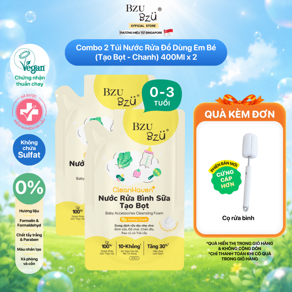 Combo 2 Túi Nước Rửa Bình Sữa, Rau Củ, Đồ Dùng Em Bé Thuần Chay BZU BZU…