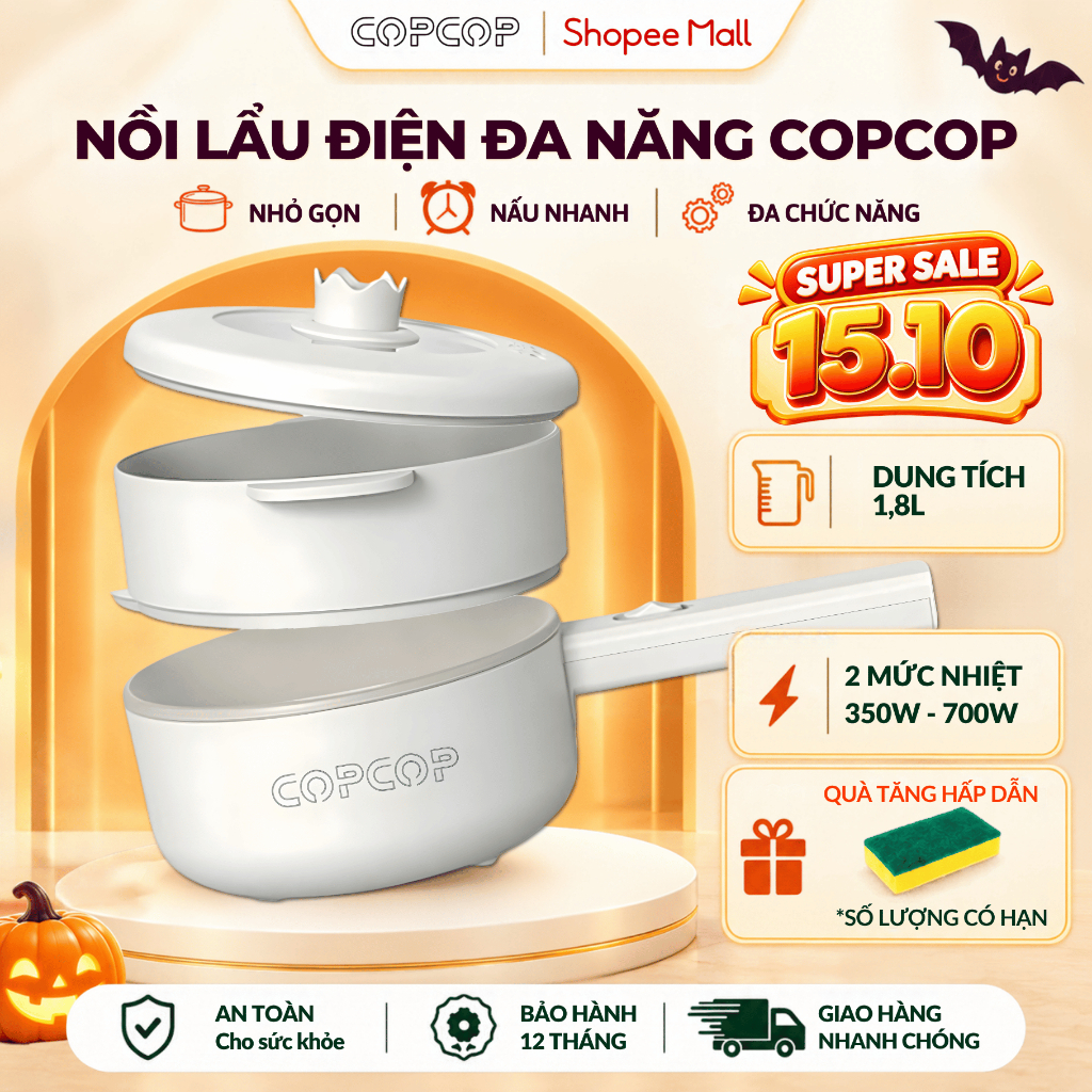 Nồi lẩu điện đa năng COPCOP nồi lẩu dung tích 1.8L tặng kèm khay hấp tiện lợi…