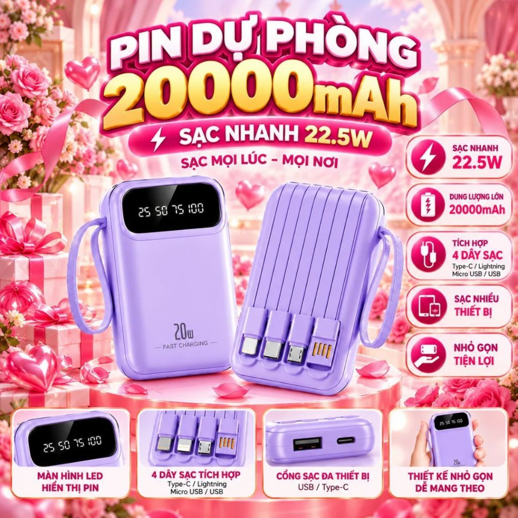 Pin Dự Phòng 20000mAh Sạc Nhanh – Dung Lượng Lớn, Mini Nhỏ Gọn, Tiện Lợi Cho…