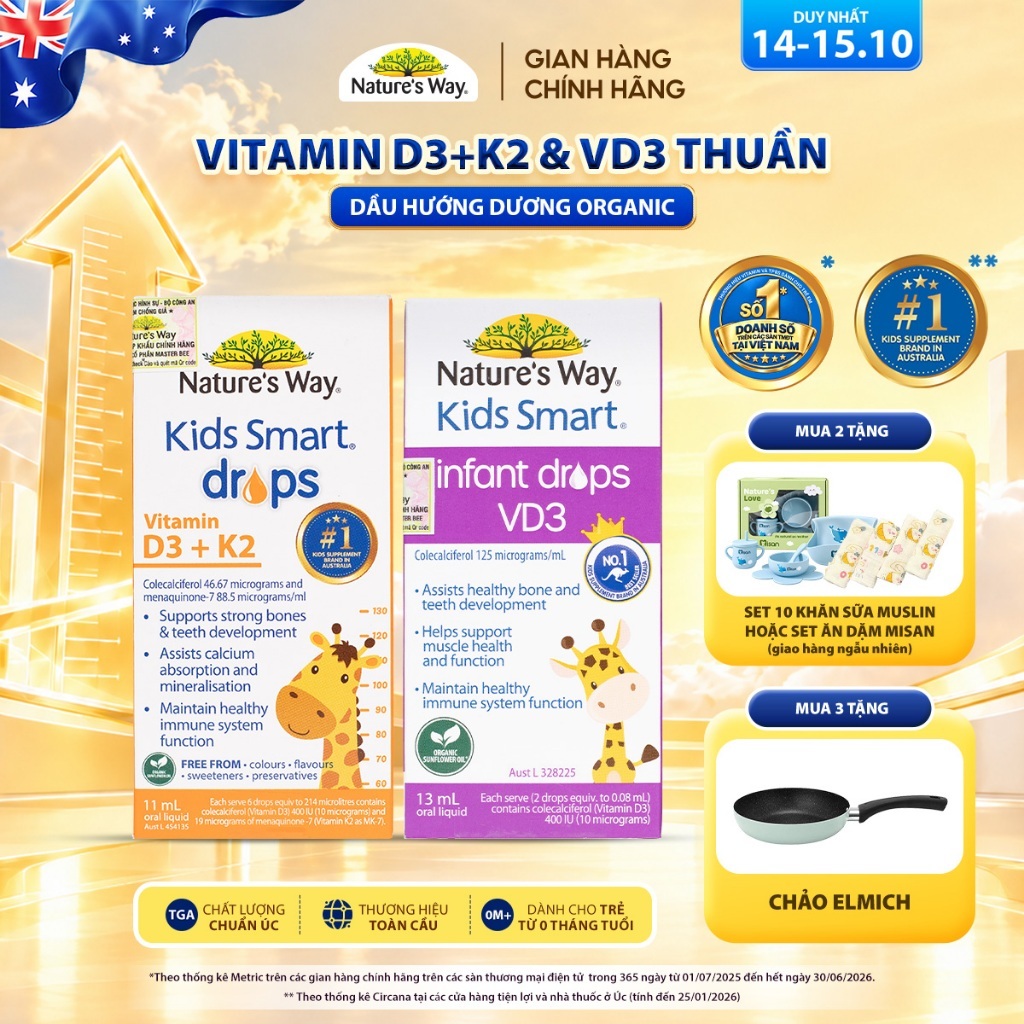 Vitamin D3, D3K2 Nature’s Way Kids Smart Drops Với Dầu Hoa Hướng Dương Organic…