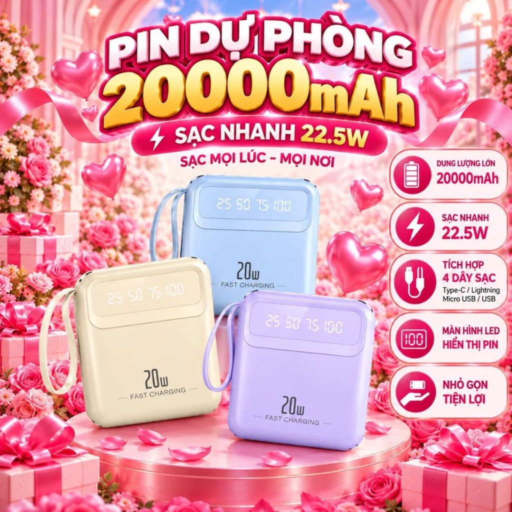 Bộ Sạc Nhanh Di Động 20000mAh với 4 Cáp Dữ Liệu Màn Hình Thông Minh Nhiều Cổng…