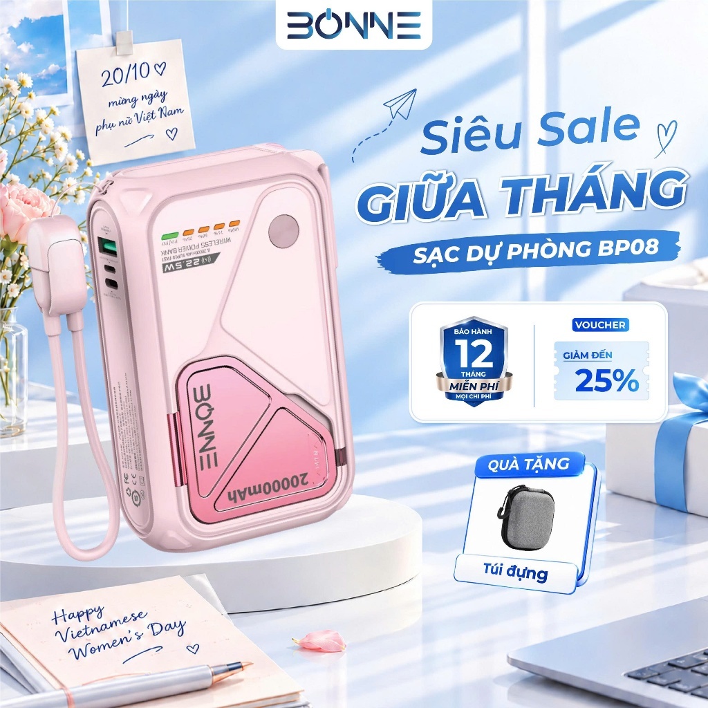 Củ Sạc Nhanh BP08 Chính Hãng BONNE TECH , Hỗ Trợ Sạc Không Dây,Củ Sạc có chứng…