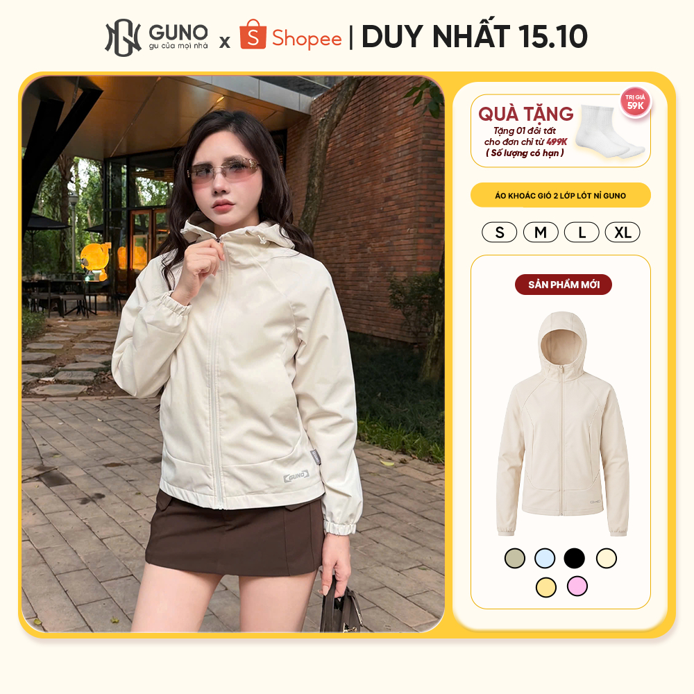 Áo Khoác Gió Nữ GUNO 2 Lớp Lót Nỉ Giữ Ấm, Chống Nước, Chống UV, Có Mũ Trùm Đầu…