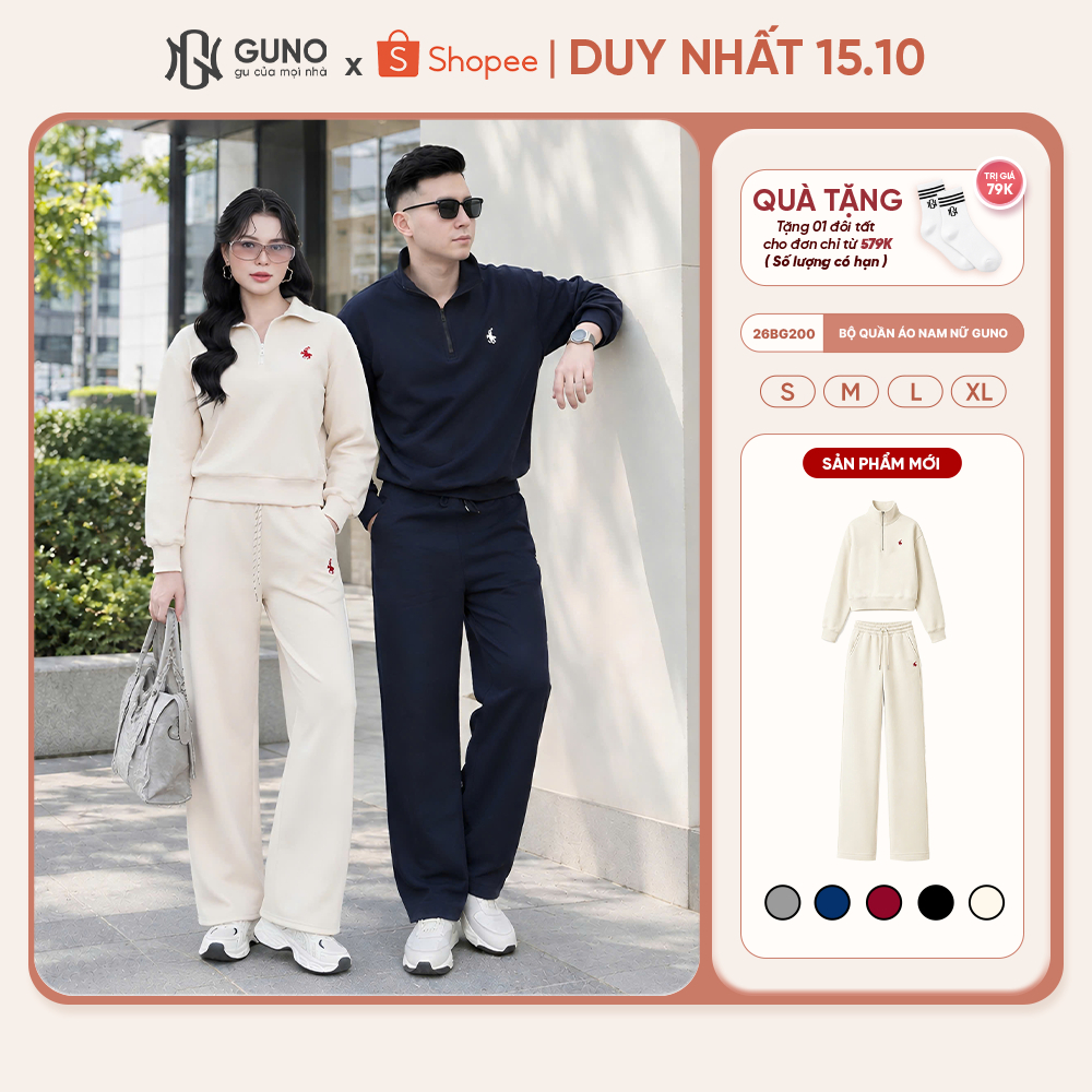 Bộ Quần Áo Nỉ Nam Nữ GUNO Cao Cấp Kéo Khóa Cổ Thêu Ngựa Kèm Quần Suông Hack…