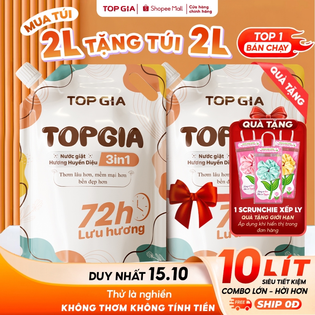 Nước Giặt TopGia 3in1 Hương Huyền Diệu Dịu Nhẹ Làm Sạch Vết Bẩn, Lưu Hương…