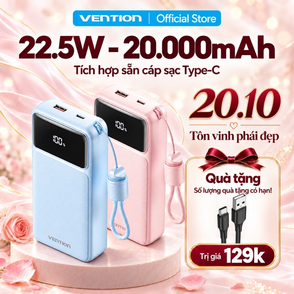 Pin Sạc Dự Phòng 20000mAh Vention 22.5W, Đạt Chuẩn 3C, 2 Cổng USB-A/C Kèm Dây…