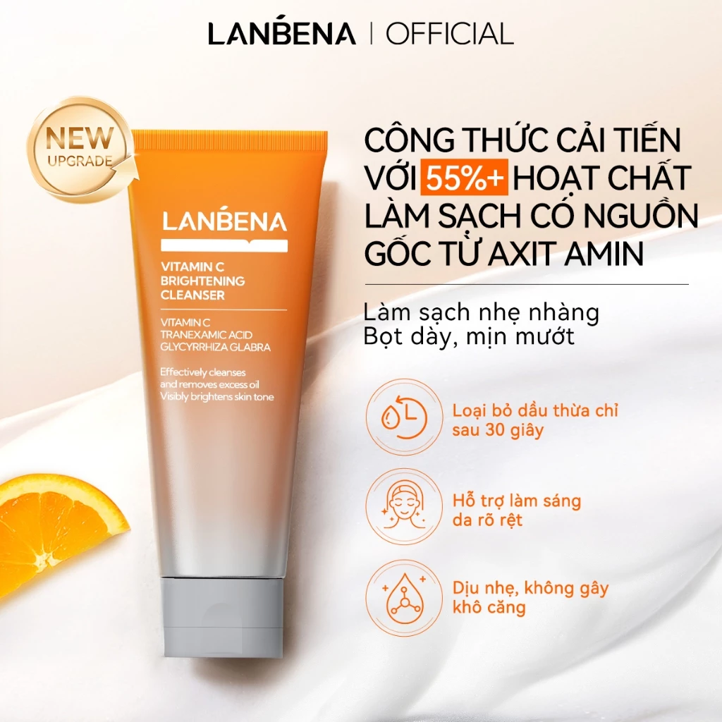 LANBENA Sữa rửa mặt Vitamin C (100g) -Làm sạch, kiểm soát dầu, thông thoáng lỗ chân lông và tạo bọt mịn nhẹ Skincare