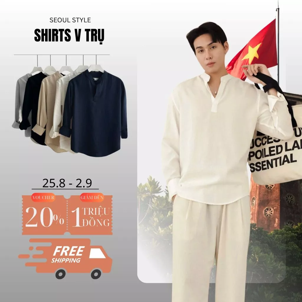 Áo sơ mi nam cổ V trụ tay dài SEOUL chất liệu đũi cao cấp phom dáng thoải mái, thấm hút cực tốt