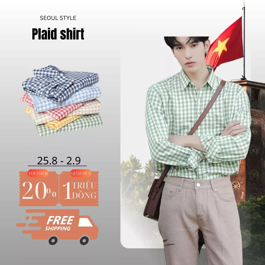 Áo sơ mi caro dài tay SEOUL, vải cotton cao cấp, phom dáng hàn quốc trẻ trung, thanh lịch