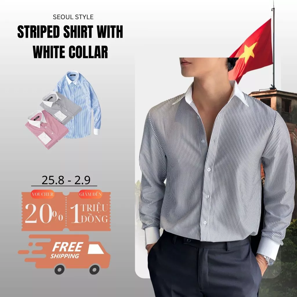 Áo sơ mi nam kẻ sọc phối cổ trắng, vải Cotton thoáng mát, thấm hút mồ hôi tốt, không nhăn - SEOUL
