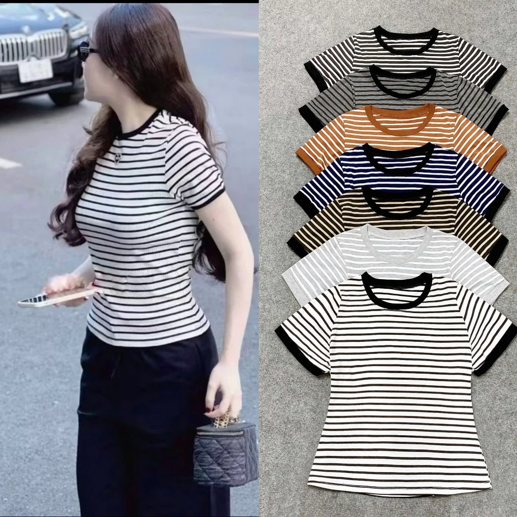 Áo thun Baby Tee Bigsize nữ kẻ sọc viền tay co giãn mềm mại hottrend dễ phối đồ cho nàng  chubby từ 50 - 90kg - A285