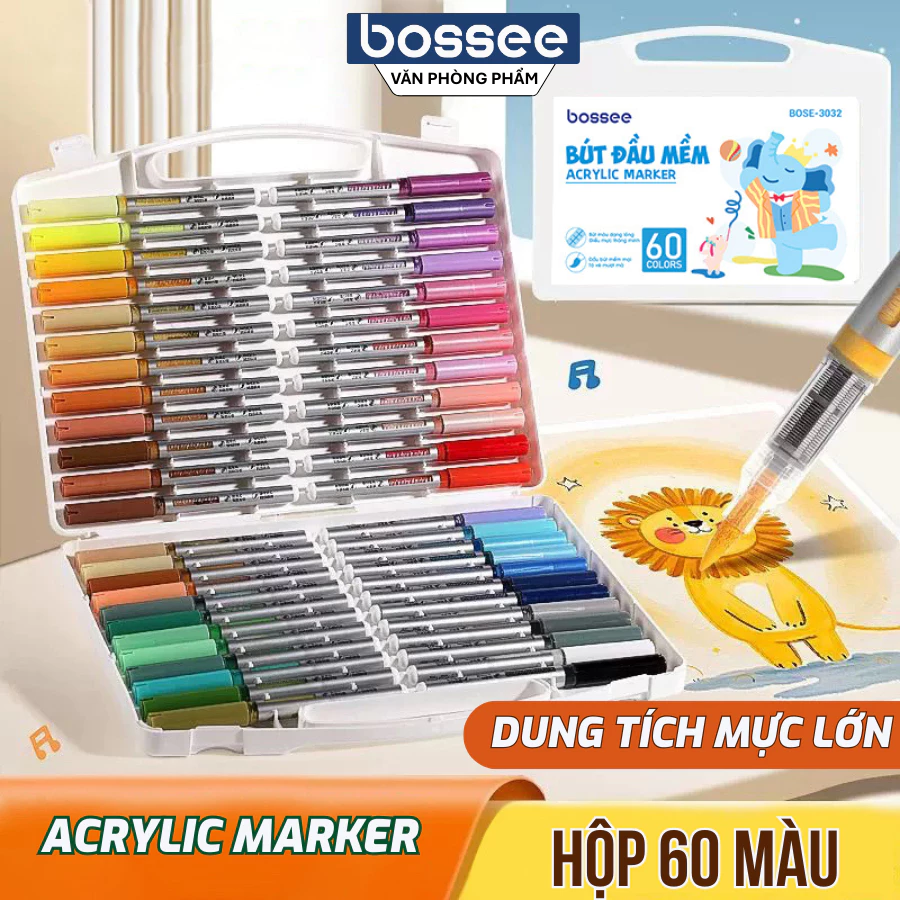 [Trợ Giá 50K] Bút Màu Acrylic Marker Đầu Lông Mềm Bossee - Hộp 24/36/48/60 Màu Sắc Tươi Sáng Vẽ Trên Mọi Chất Liệu