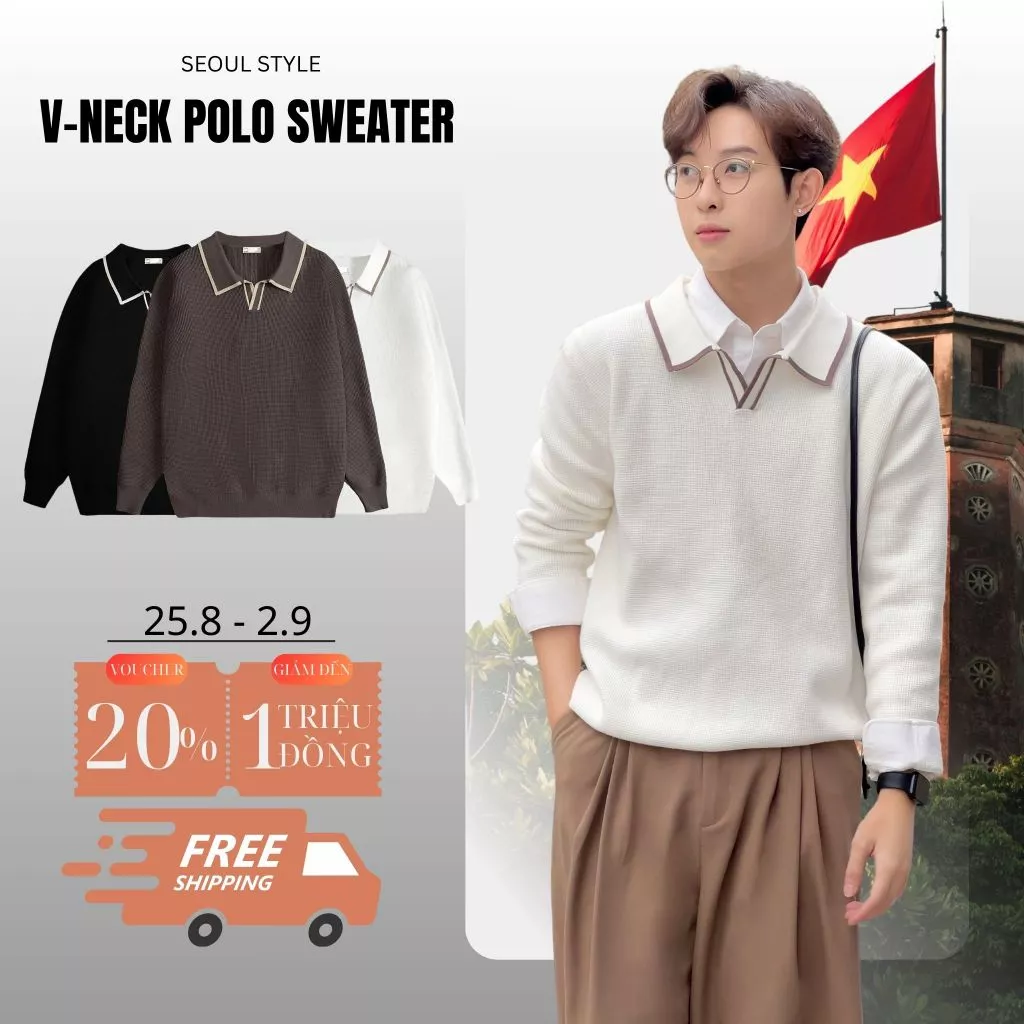 Áo Polo cổ V dài tay chất liệu len dệt cao cấp, mềm mại, giữ ấm tốt, không bai xù - SEOUL - 5200