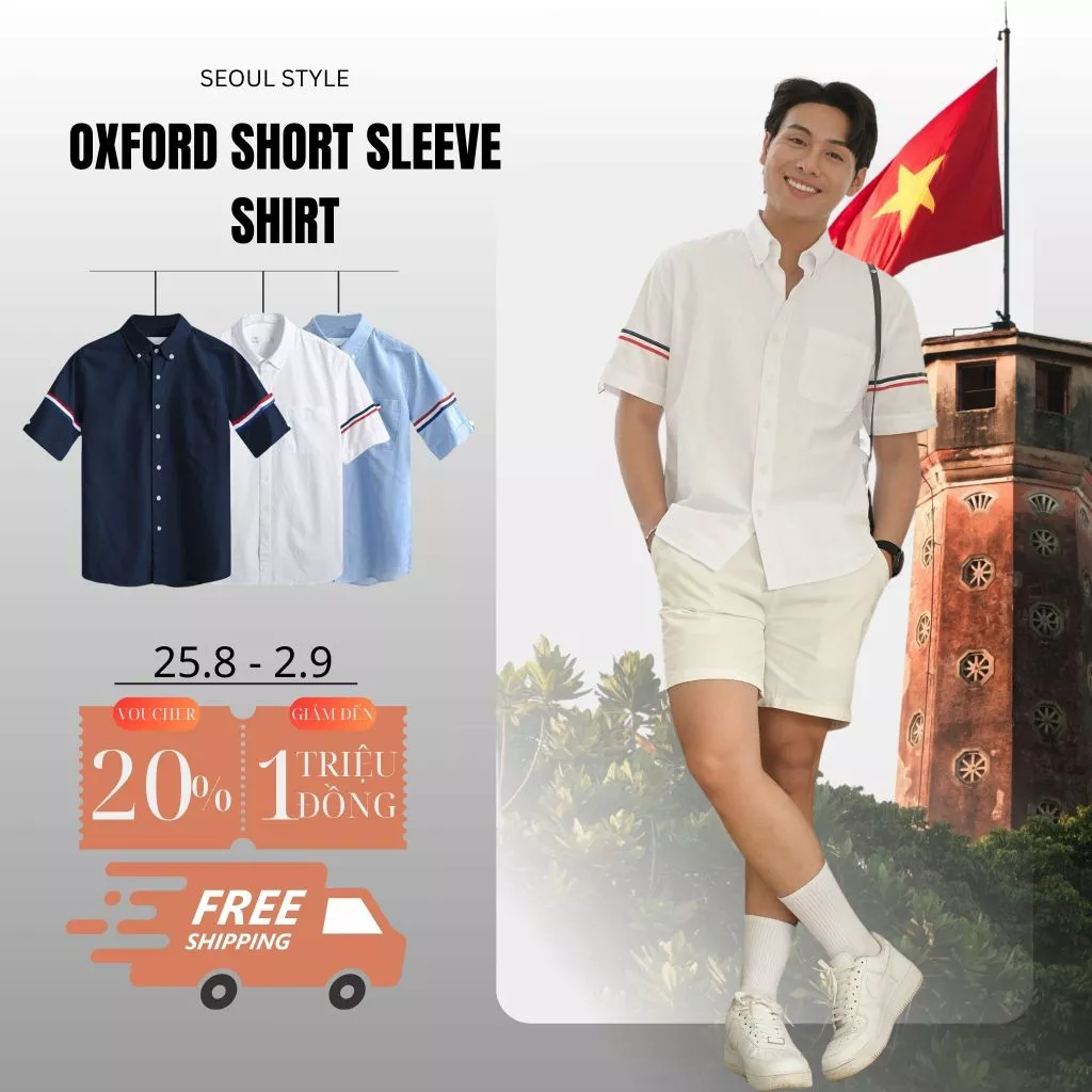 Áo sơ mi cổ bẻ ngắn tay phối viền vải Oxford cao cấp phom dáng thoải mái thấm hút cực tốt - SEOUL