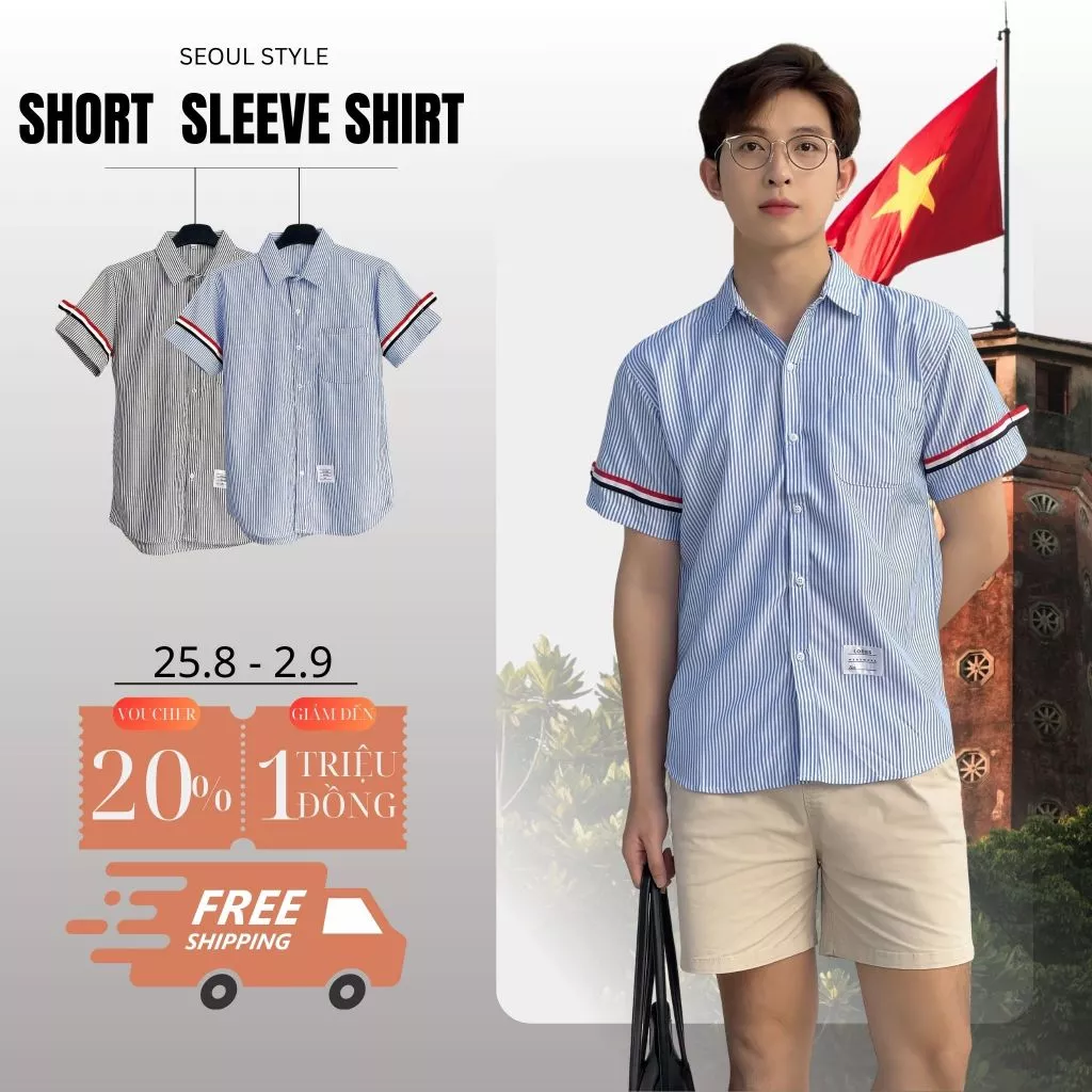 Áo sơ mi cổ bẻ ngắn tay phối viền vải Cotton Lụa cao cấp phom dáng thoải mái thấm hút cực tốt- SEOUL
