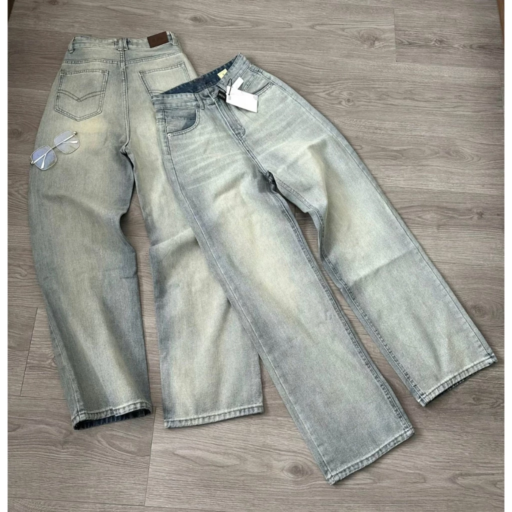 Quần Jean Ống Suông Màu Bụi Wash Sáng Lưng Cao Nữ LEDA Quần Bò Rin Ống Rộng 9 Tấc Nấm Lùn 1m5 Dài Quần 88-93cm