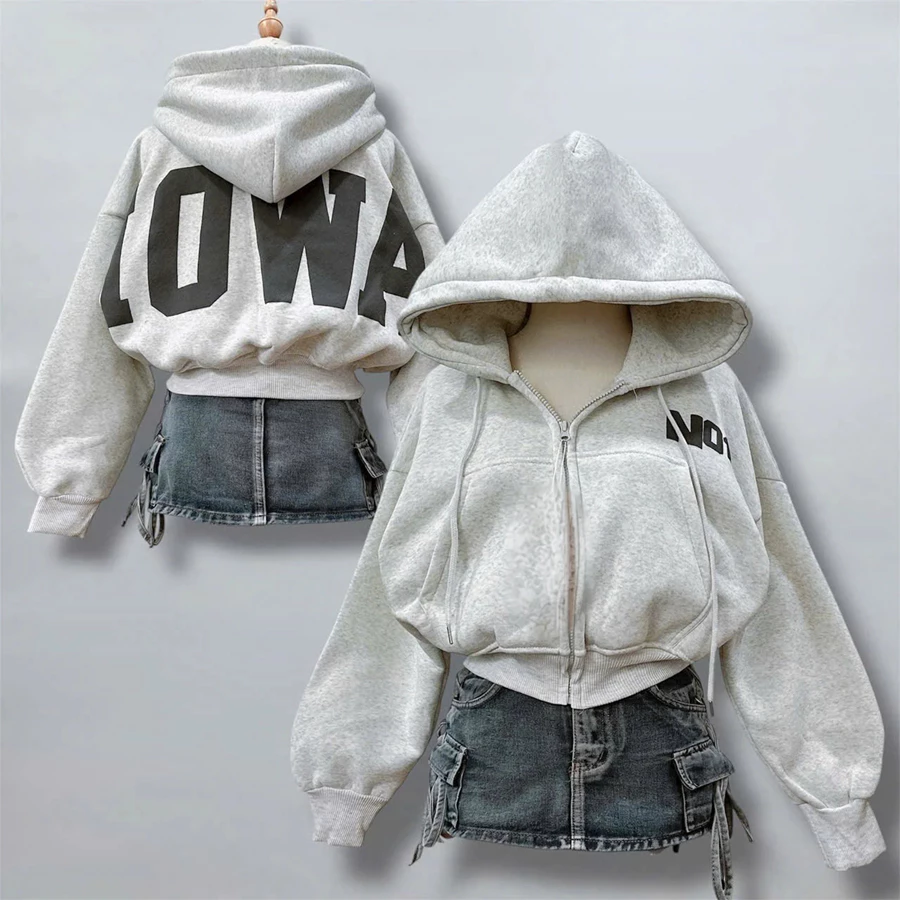 NO1 Áo Khoác Nữ nỉ Dày Logo Nổi NO1 Kiểu Lửng Croptop Hoodie Zip Túi Trong Tay Dài Chất Liệu Vải Nỉ NgoạI1 Size