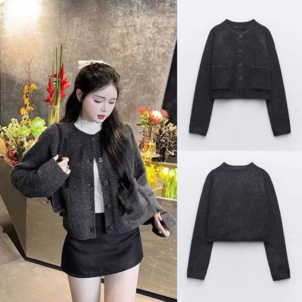 [ HÀNG QC sẵn ] Áo len cardigan ZR xám lông chuột, chất len mềm mịn, form rộng thoải mái, phối đồ dễ dàng 2025