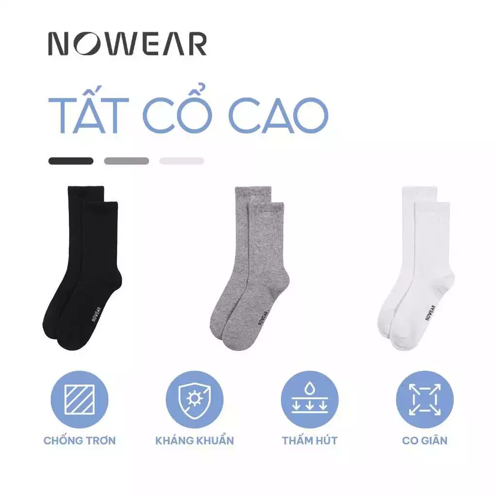 Combo 3 Đôi Tất Vớ Nam Cổ Cao NOWEAR - Cotton Mềm Mịn, Co Giãn 4 Chiều, Kháng Khuẩn Thoáng Mát