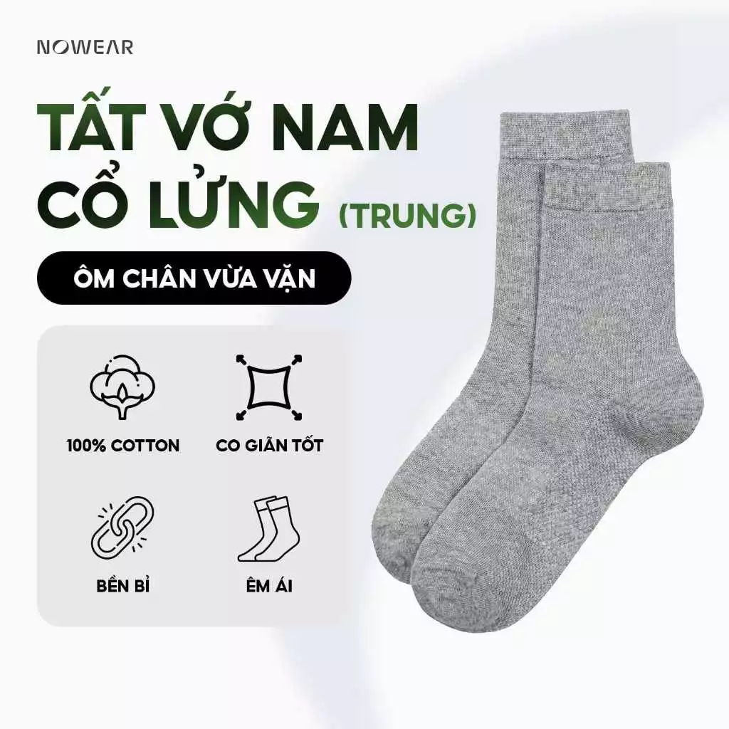 Tất Vớ Nam Cổ Lửng NOWEAR - 100% Cotton, Kháng Khuẩn Khử Mùi, Thoáng Khí
