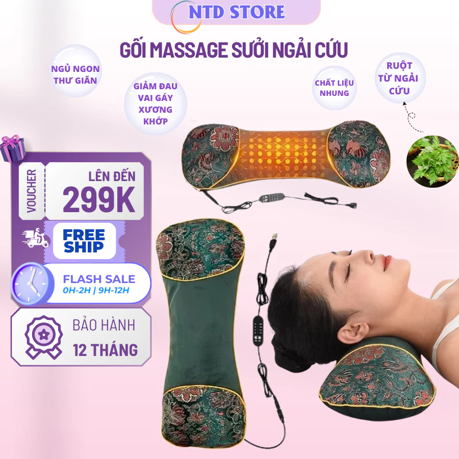 Gối massage cổ vai gáy giúp đem lại giấc ngủ thư giãn an toàn cho bạn, gối ngải cứu điện, gối mát xa
