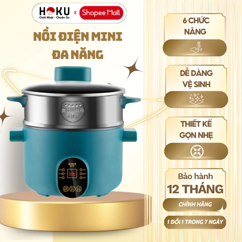 Nồi Điện Mini HOKU Đa Năng, Dung Tích 2L, Có Kèm Khay Hấp, Lòng Nồi Chống Dính, Công Suất 600W-NLD02