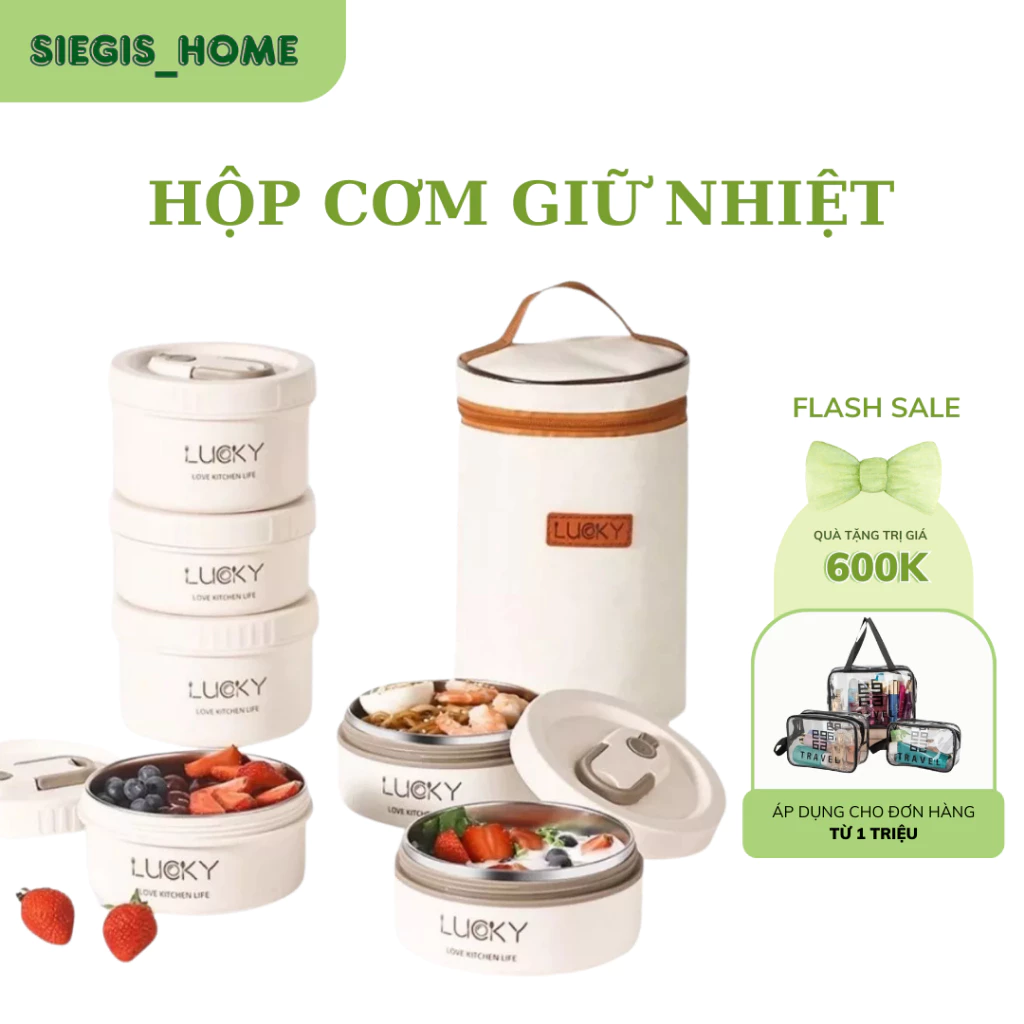 Hộp Đựng Cơm Giữ Nhiệt Lucky Box Tặng Kèm Thìa Đũa Túi - Hộp Đựng Cơm Giữ Nhiệt 3 Tầng Chất Liệu Inox 304 Chống Gỉ