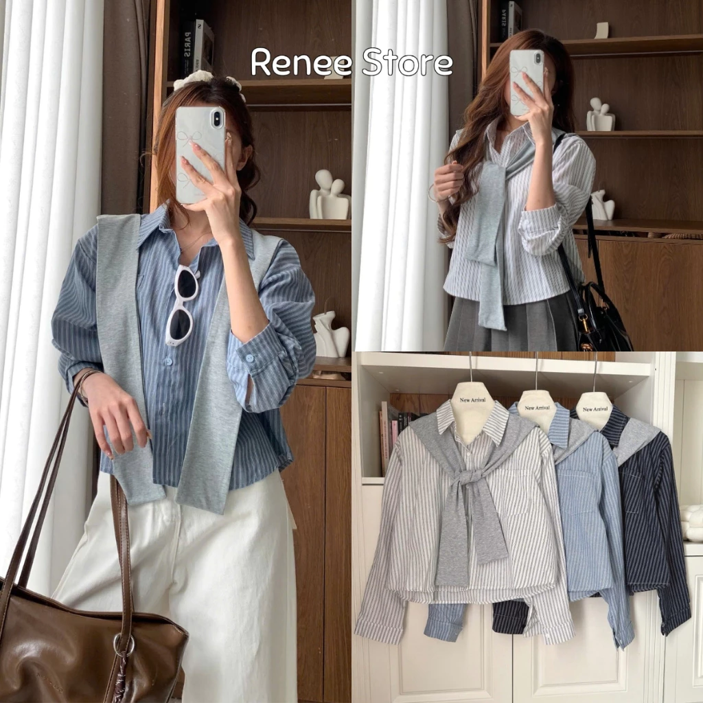 Áo Sơ Mi Dáng Ngắn Dài Tay Kẻ Sọc Kèm Vạt Thủy Thủ Renee Store - AS3188