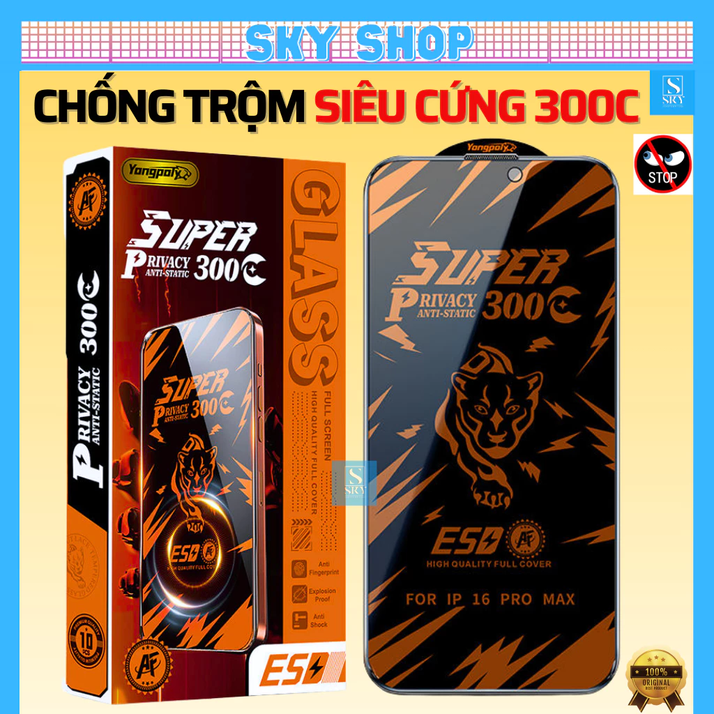Kính cường lực iphone SUPER LARGE ARC 300C ESD chống nhìn trộm cho ip 16 ProMax 17 Air 15 Plus 14 13 12 Pro Max 11 XsMax