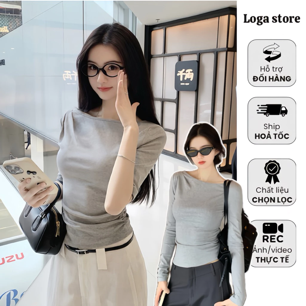 Áo thun tay lỡ nhún eo co dãn theo thân, áo thu đông dài tay nhún eo hack dáng Logastore_L115