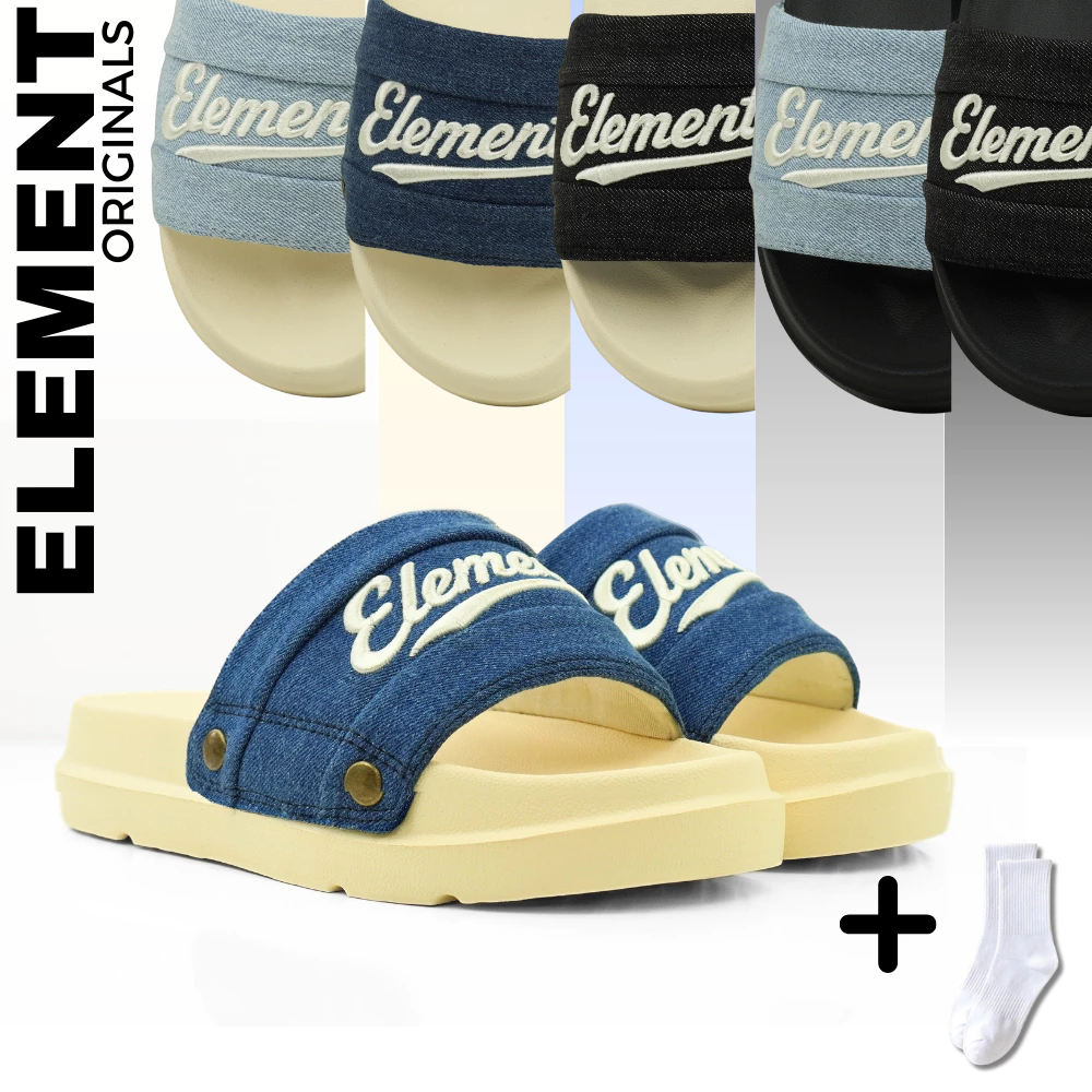 [TẶNG VỚ] E18 Dép Elements vải jean đế bằng nam nữ (Slipper) Dép ELements Iconic Denim Unisex chữ thêu - E18T