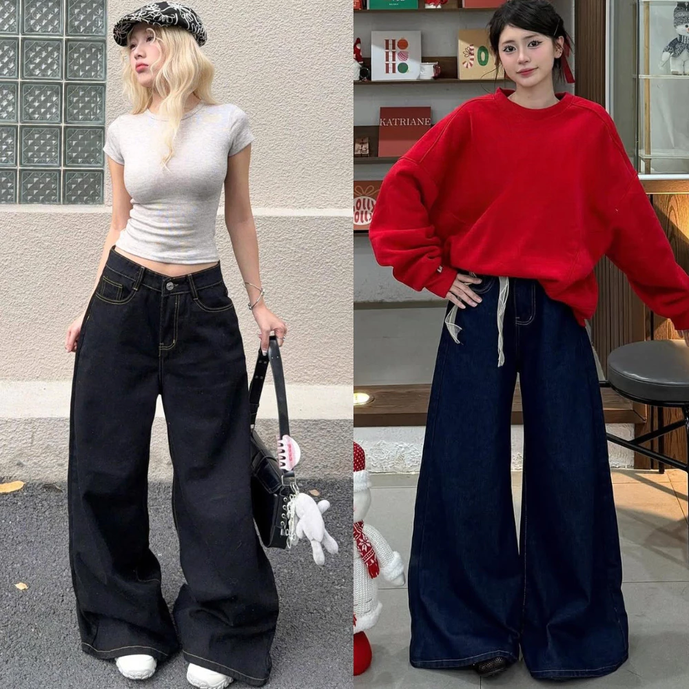 Quần Jeans Ống Rộng Màu Đen RETRO NAGUU, Quần Bò Suông Cạp Cao Chất Jeans Sịn, Đa Phong Cách WASH