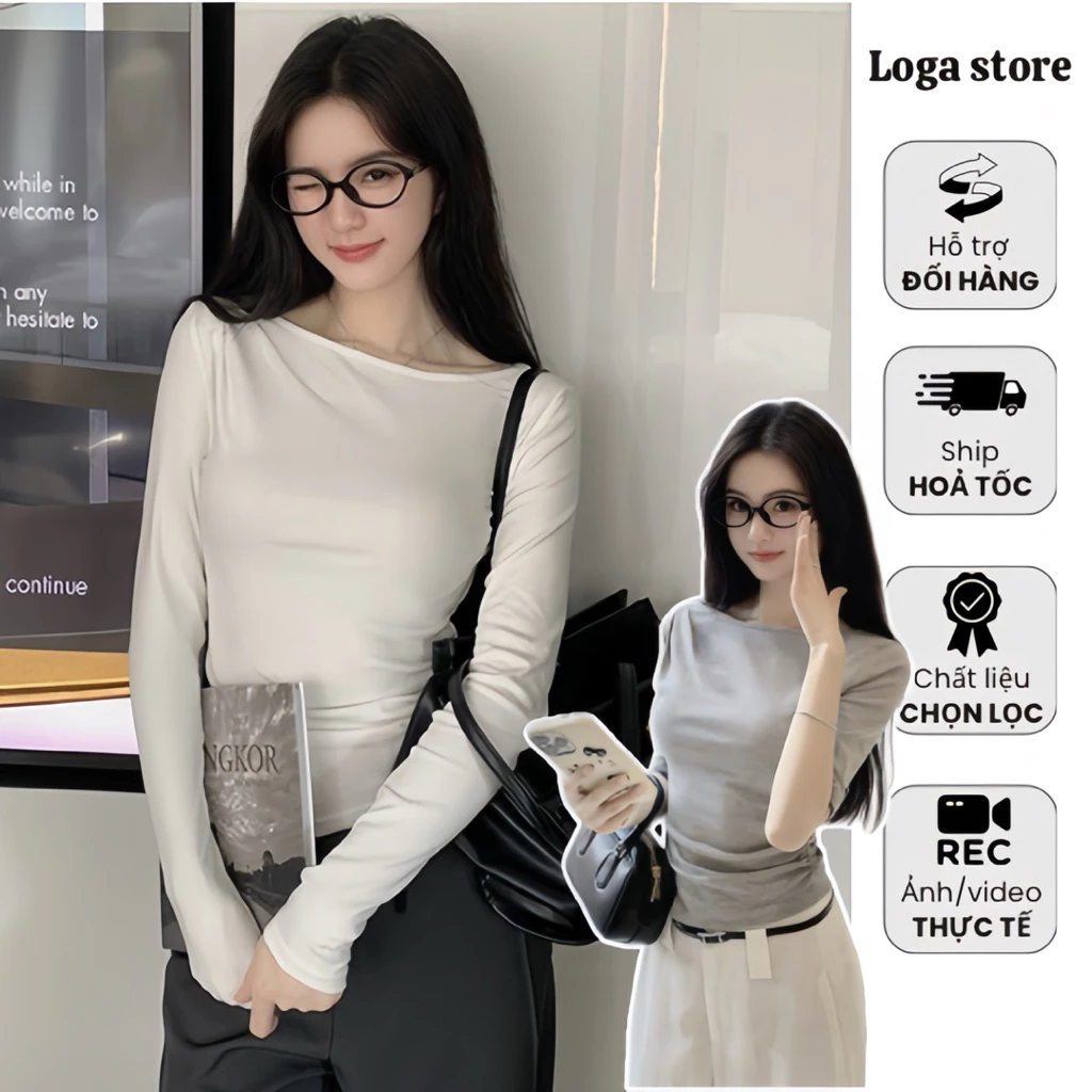 Áo thu đông tay lửng nhún eo co dãn theo thân, áo thun dài tay nhún eo hack dáng Logastore_L115