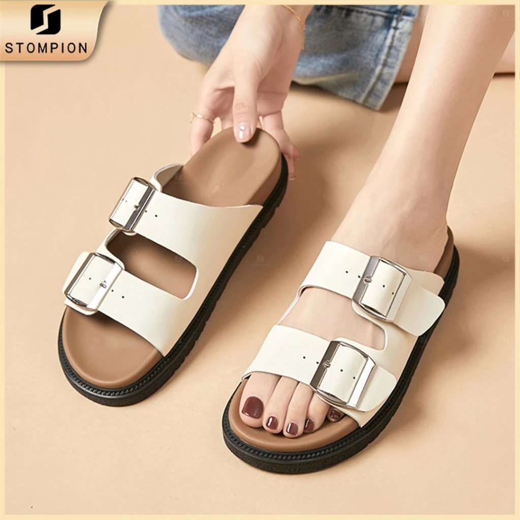STOMPION Giày Sandal Nữ 2 Quai Chất Liệu PVC Đế Bằng Êm Ái Thời Trang Dép Quai Ngang Đa Phong Cách