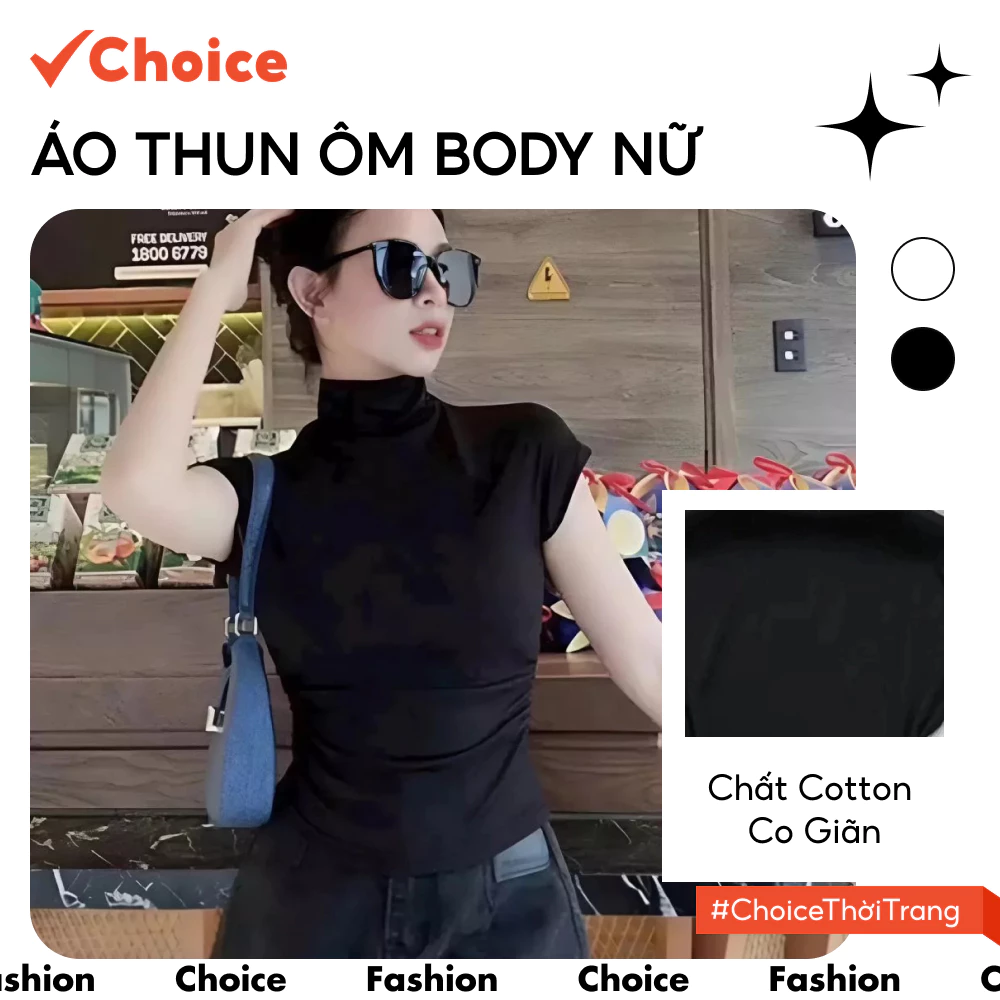 Áo thun nữ Choice FA1-0019-102 cổ lọ, tay ngắn, ôm sát cơ thể, chiết eo dáng dài AH92