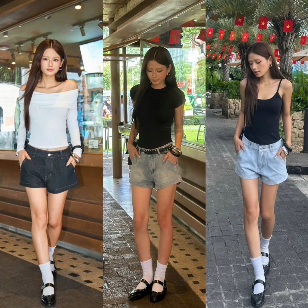 THE QUẠO - Quần Short ngắn nữ chất liệu Jean mềm dáng ngắn trên gối phong cách S2208_705