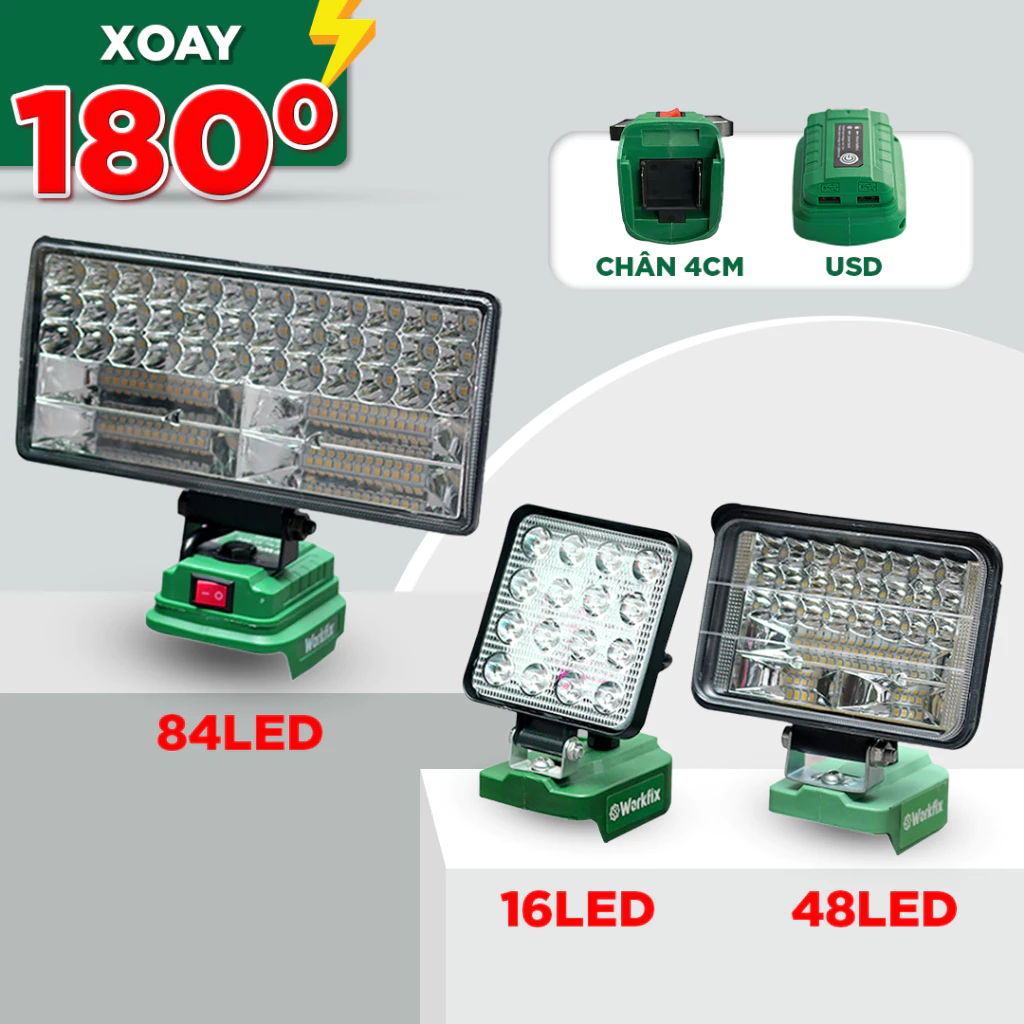 [Kèm PIN & SẠC] Đèn LED Pin 16-48-84 Bóng Workfix WF-L16 2 Tốc , Cổng USB, Dùng Liên Tục 8 Tiếng, Pin Phổ Thống