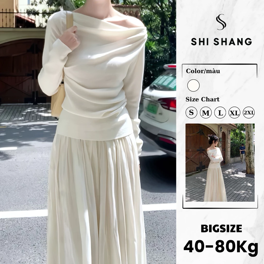 [𝐌ở 𝐁𝐚́𝐧] Set áo lệch vai mix chân váy tơ xoè, Set đồ nữ sang chảnh có Bigsize by Shi Shang
