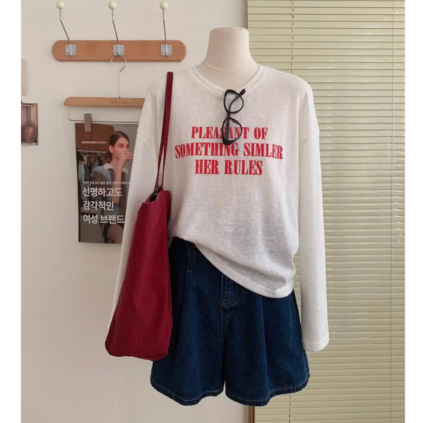 Áo thun nữ tay dài chất xược giấy MENINA, áo thun tay dài nữ dáng rộng in hình thời trang.