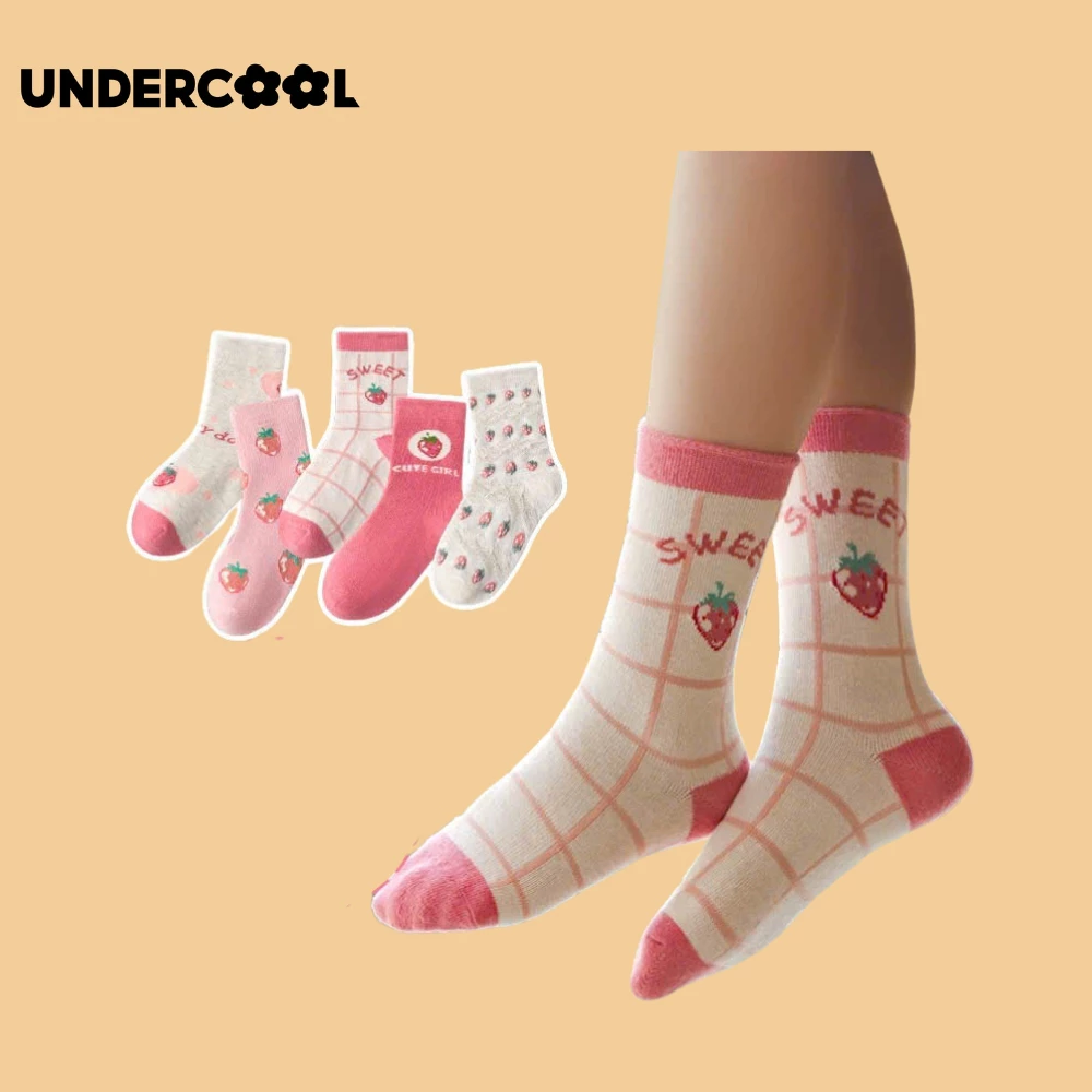 Set 2 Đôi Tất Trẻ Em UNDERCOOL Cotton Chống Trượt Họa Tiết Dâu Hồng Chống Trơn Trượt Thoải Mái Thoang Mát