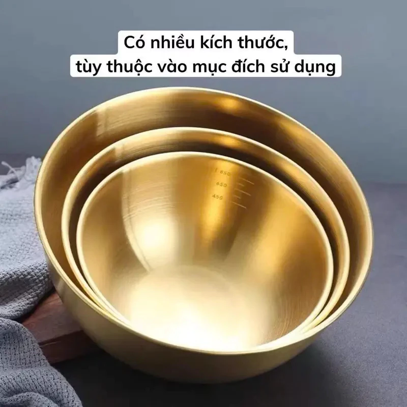 Set Bát Ăn Phong Cách Hàn Quốc Chất Liệu Inox 304 Cao Cấp Màu Vàng Đa Năng, Trộn Bột ,Salad, Ướp Thịt, Đánh Trứng
