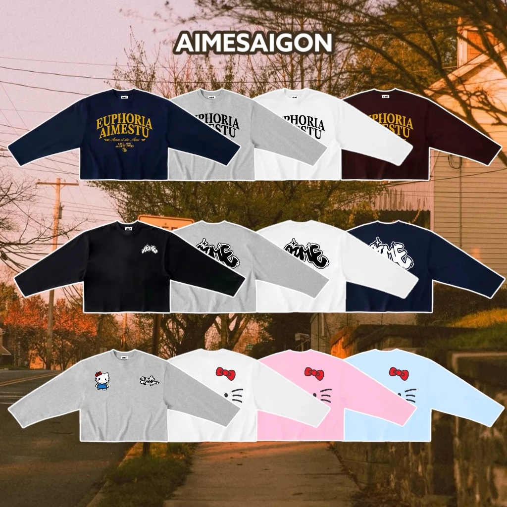 [ATD01 Ver1] Aimesaigon Áo Thun Tay Dài Long Sleeve Boxy Form Rộng Cổ Tròn Unisex Nam Nữ Basic Kitty Logo